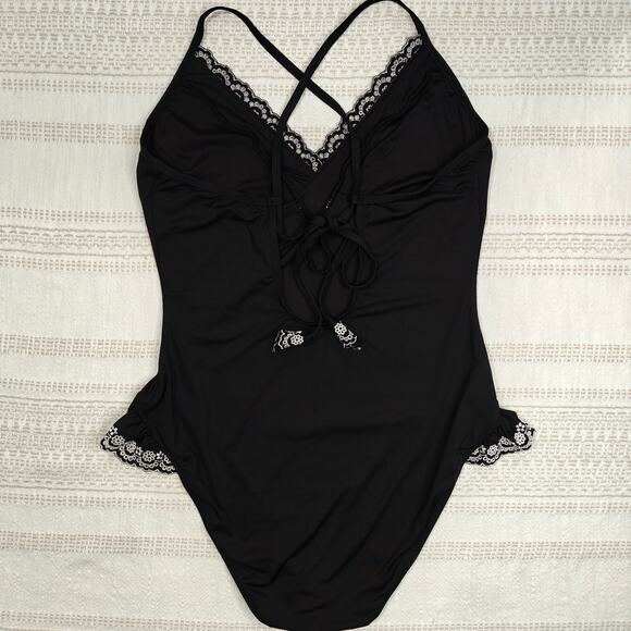 Studio Anne Cole Black One Piece Swimsuit White Lace Trim Size 14 NEW - Picture 2 of 6